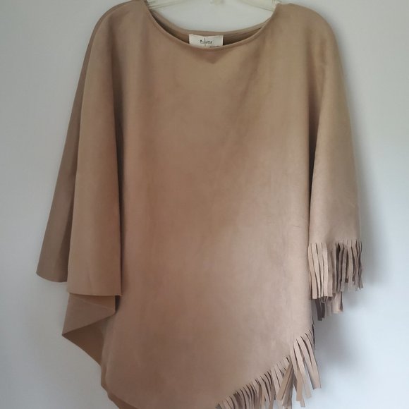 Southwestern Fall Poncho Women's Size XL Fringed Trim Neutral Faux Suede Boho - Picture 2 of 13